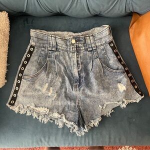 High waisted cut off denim shorts with black and silver detailing